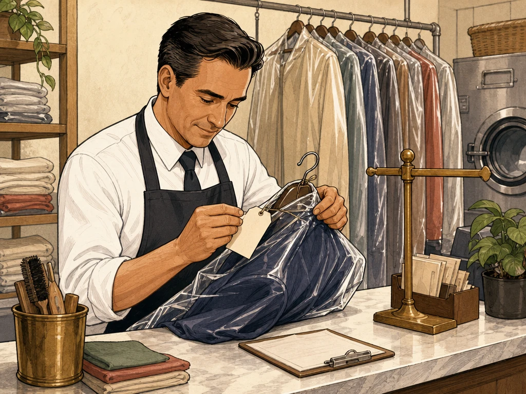 A dry-cleaning professional inspecting and tagging a garment at the counter