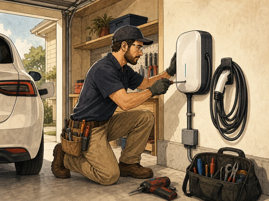 An electrician installing an electric vehicle charger in a residential garage