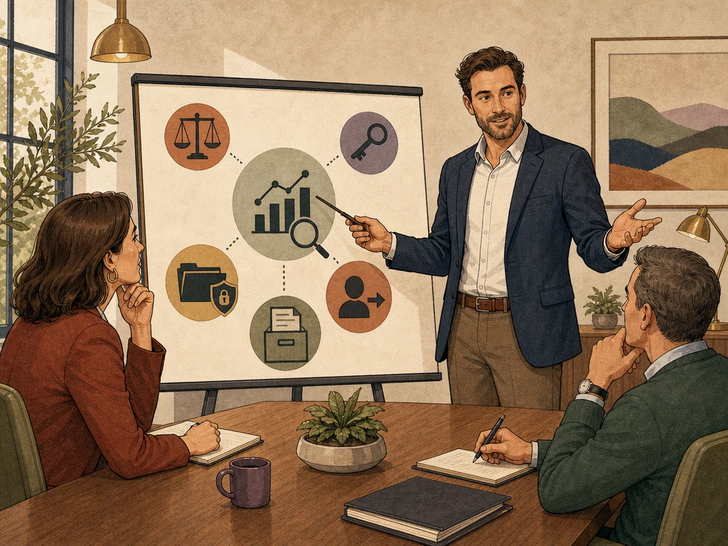 A consultant explaining measurement assumptions access and ownership in a proposal meeting