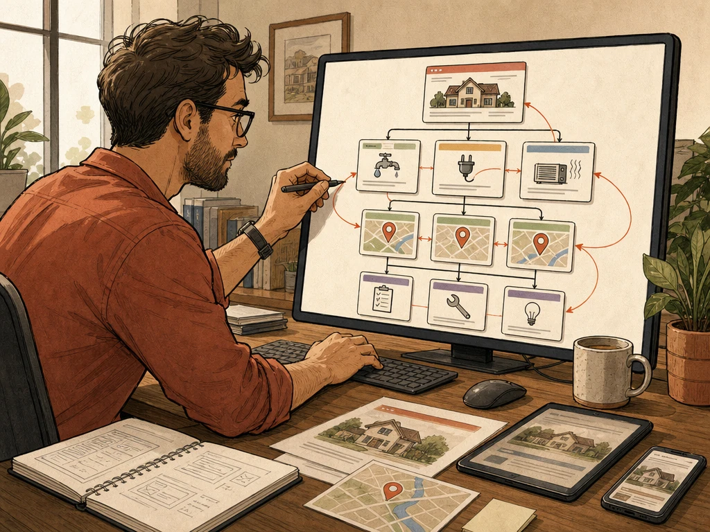 A human web editor reviewing a site map on a large monitor and adding clear links between service pages location pages and guides