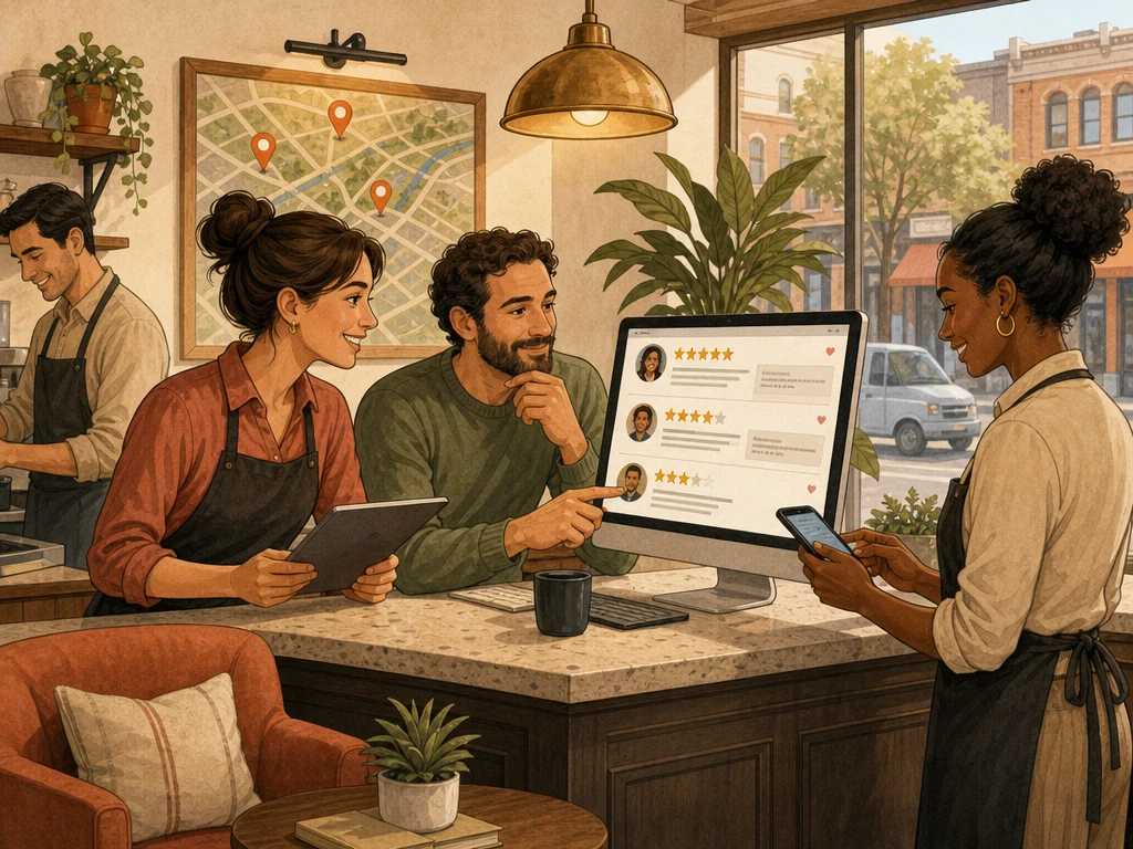 A business team responding thoughtfully to customer reviews at a front counter