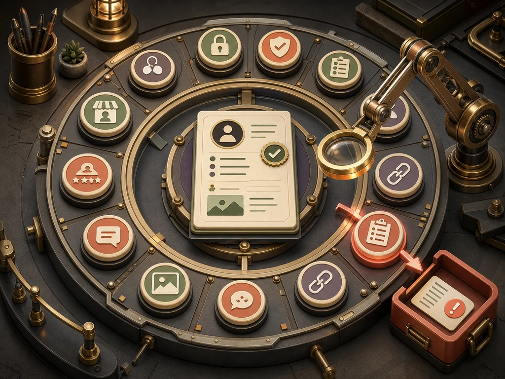 Circular isometric inspection table reviewing access, status, edits, hours, links, media, reviews, actions, and duplicates