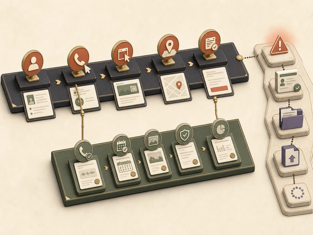 Parallel isometric lanes separating profile interactions from verified customer outcomes beside a correction and appeal process