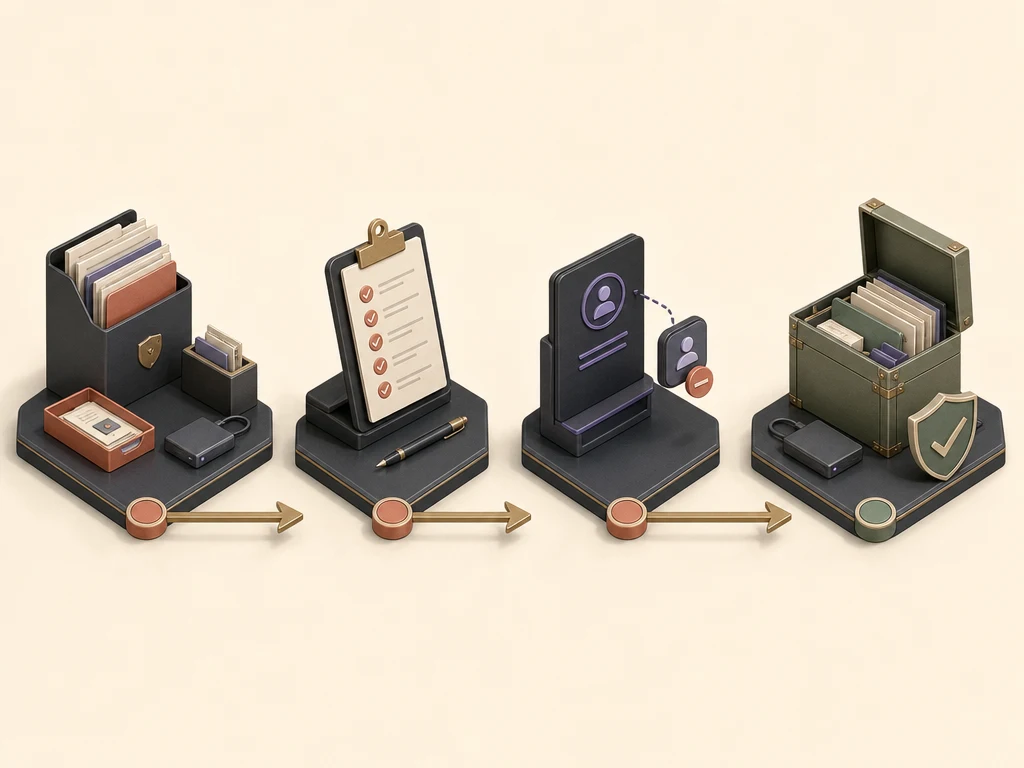 Four-stage isometric handoff moving business records through a checklist, outside-access removal, and an owner-controlled archive