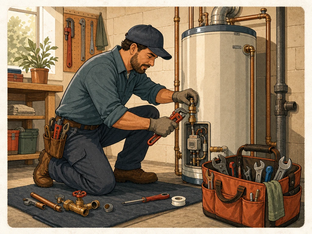 A plumber repairing a water heater with organized tools in a utility room
