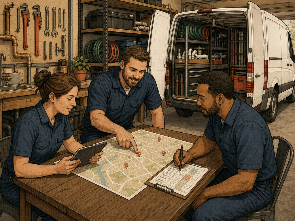 A plumbing team reviewing service area availability and scheduled jobs beside a branded-free service van