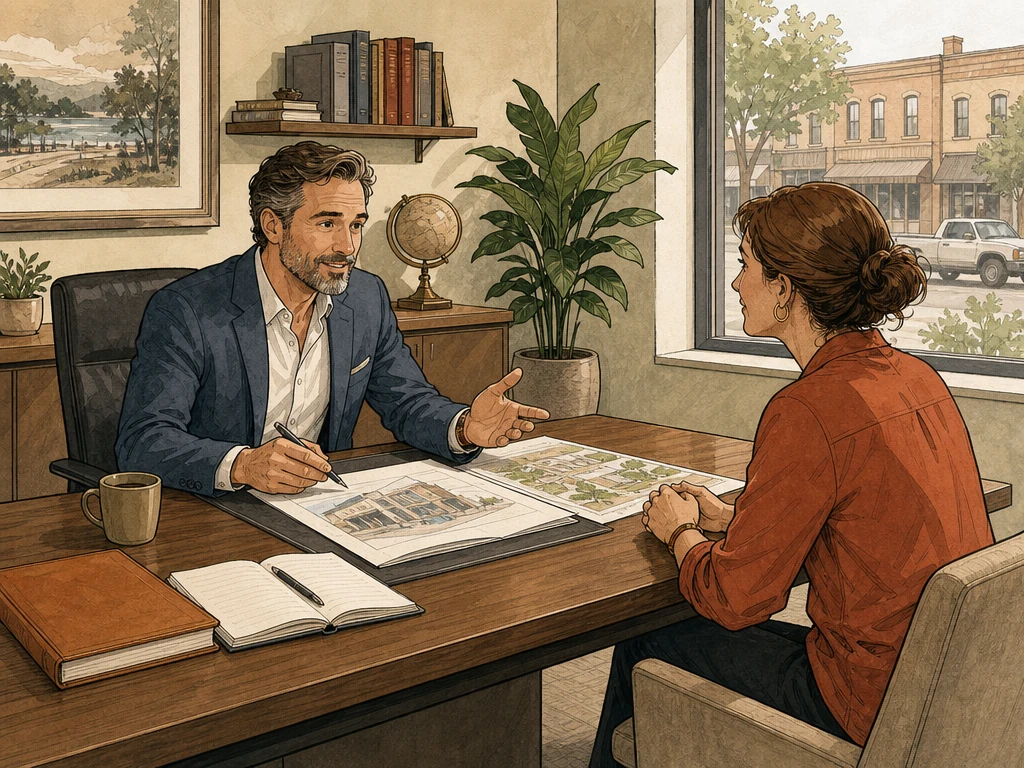 A professional advisor meeting with a small business client in a calm private office