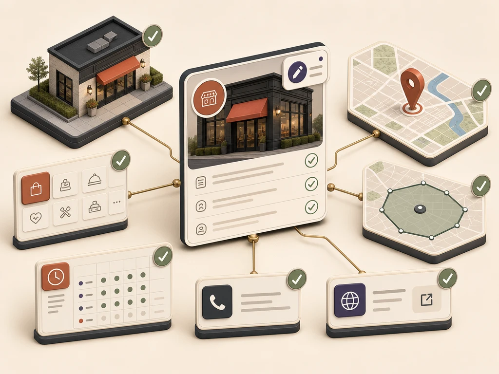 Isometric business profile connected to a matching storefront, map, service area, hours, phone, and website information