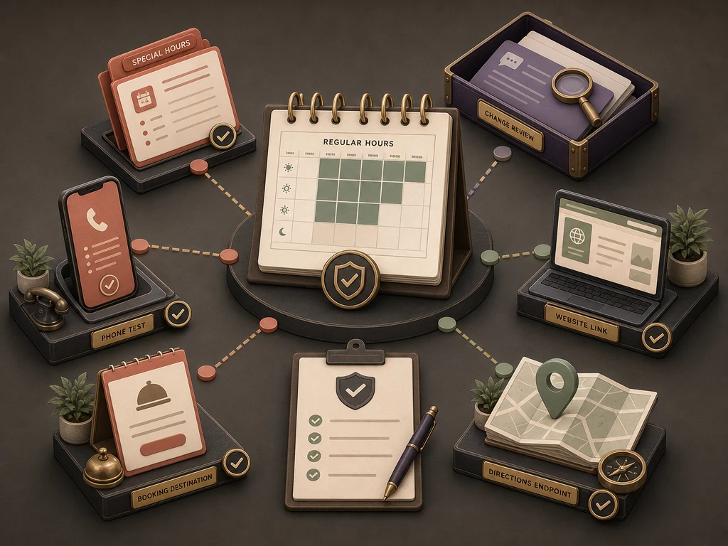 Isometric calendar and validation tools checking hours, phone, website, booking, directions, and suggested profile edits