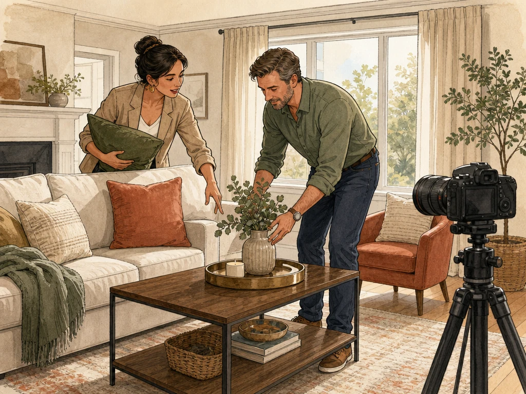 An agent and homeowner preparing a property for professional listing photographs
