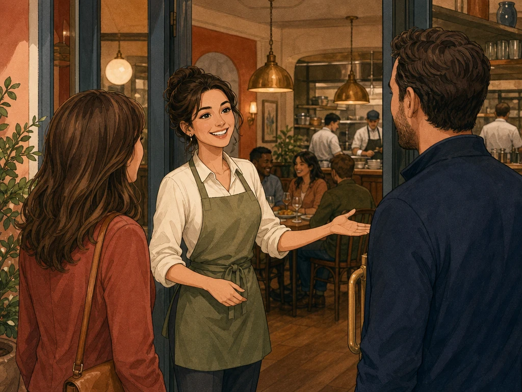 A server welcoming diners into a warm neighborhood restaurant