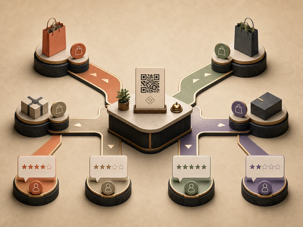 Symmetrical isometric review-request system sending the same neutral request to customers without rating filters