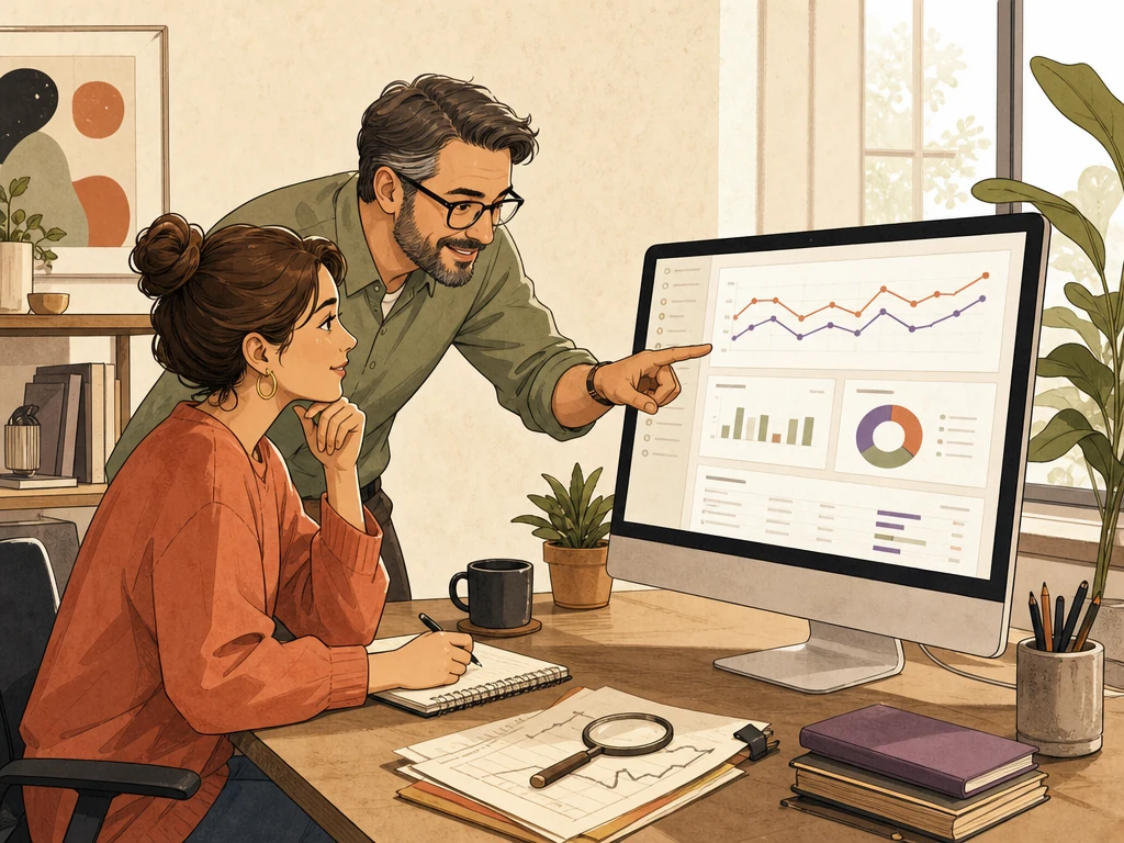 A beginner marketer exploring search performance on a clean analytics screen with an experienced guide