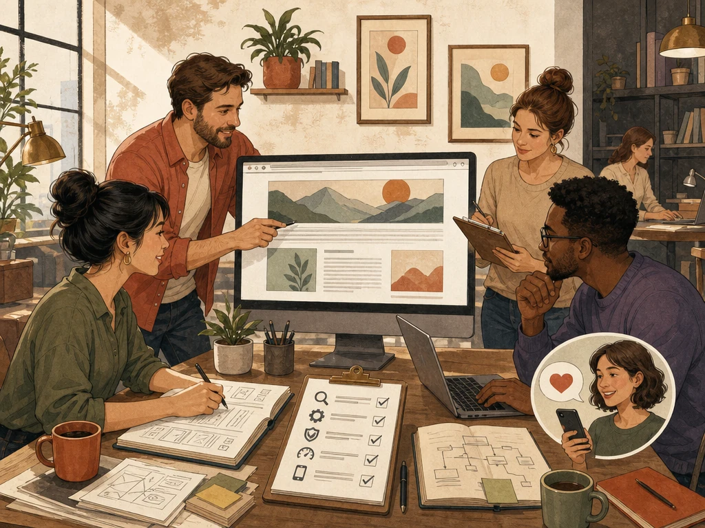 A collaborative team improving a website with content, technical checks, and customer feedback