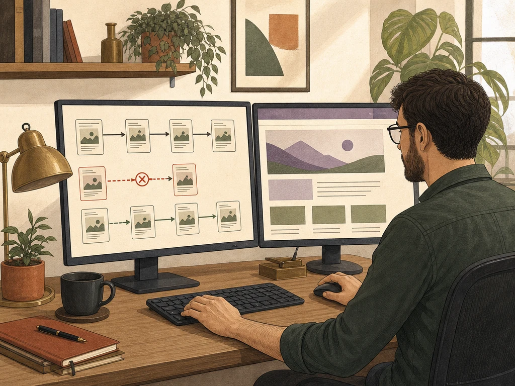 A web developer reviewing redirect paths and broken links on two monitors with one hand on the mouse and one on the keyboard