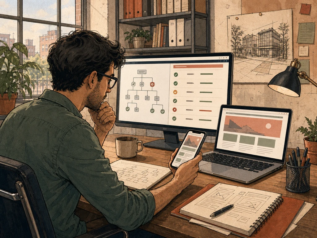 A human developer testing crawl paths status responses and mobile rendering across a monitor laptop and phone in a real web studio