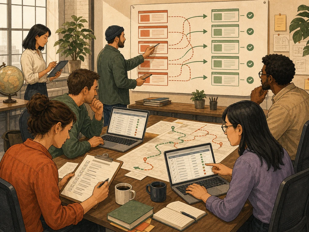 A launch team checking every old URL against its new destination before a website migration
